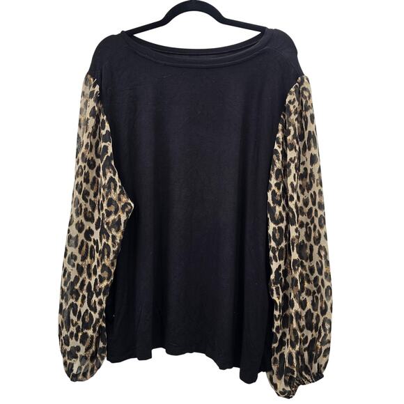 Tahari Shirt Womens 3X Black Leopard Sheer Balloon Sleeve Plus Top Blouse Luxury - Picture 2 of 7
